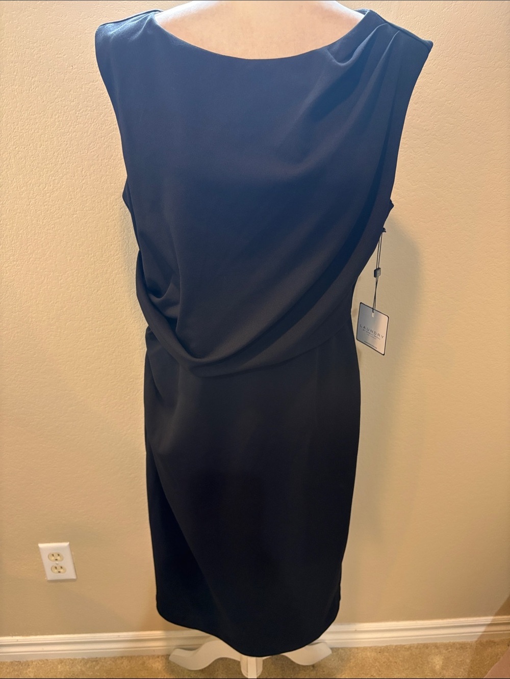 Laundry By Shelli Segal Black Draped Midi Sheath Dress-Size 14